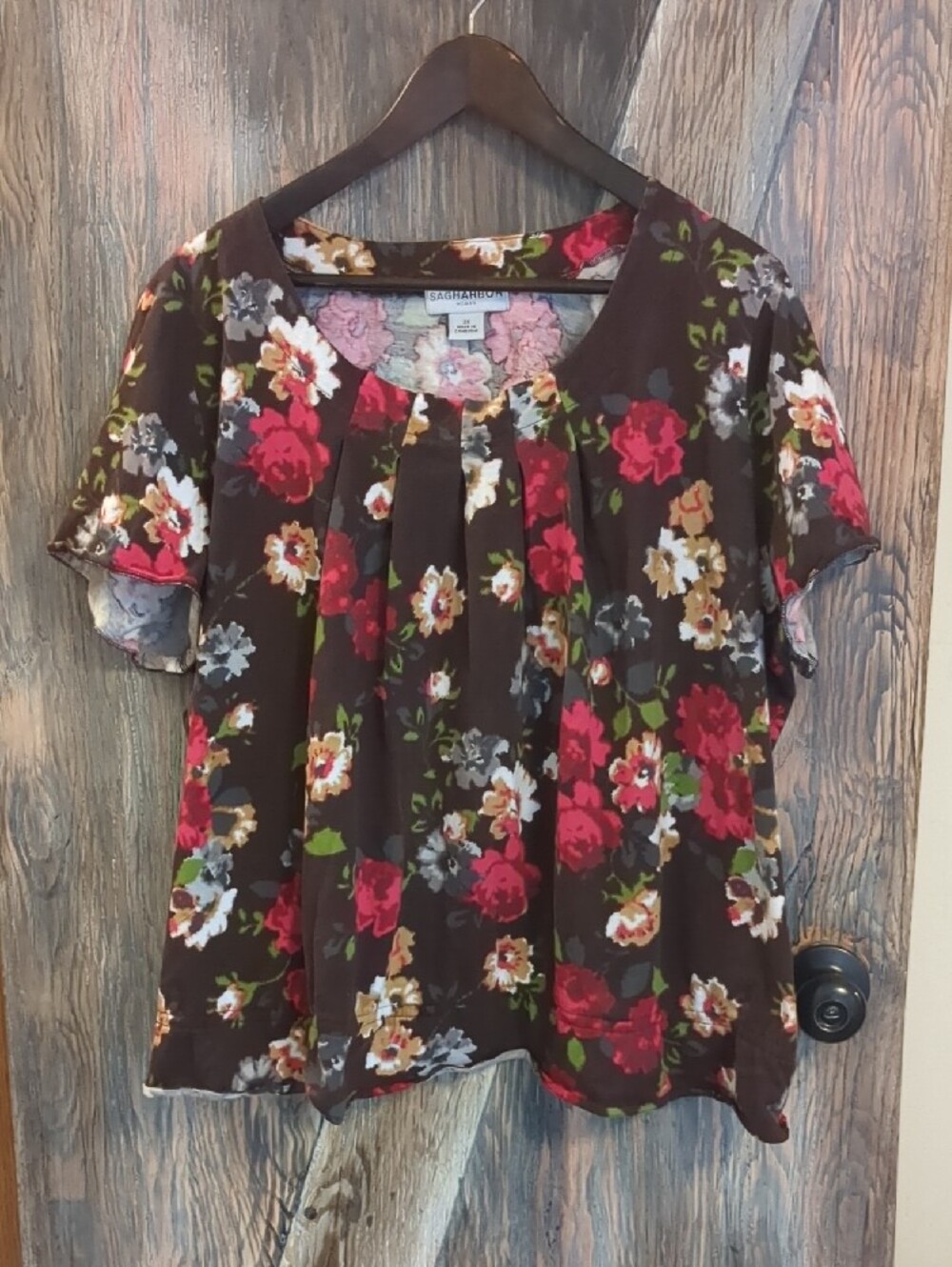 Sag Harbor Pleated Blouse Brown Floral Short Sleeve Plus Size 3XL